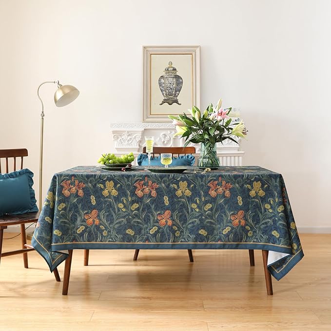 patdrea Designer Vintage Dark Blue Linen Rectangle Tablecloth,French Rustic Floral Pattern Tablecloths,Decorative Table Cover Cloth for Kitchen,Dining,Tea Party,Home,Christmas,63"*110"