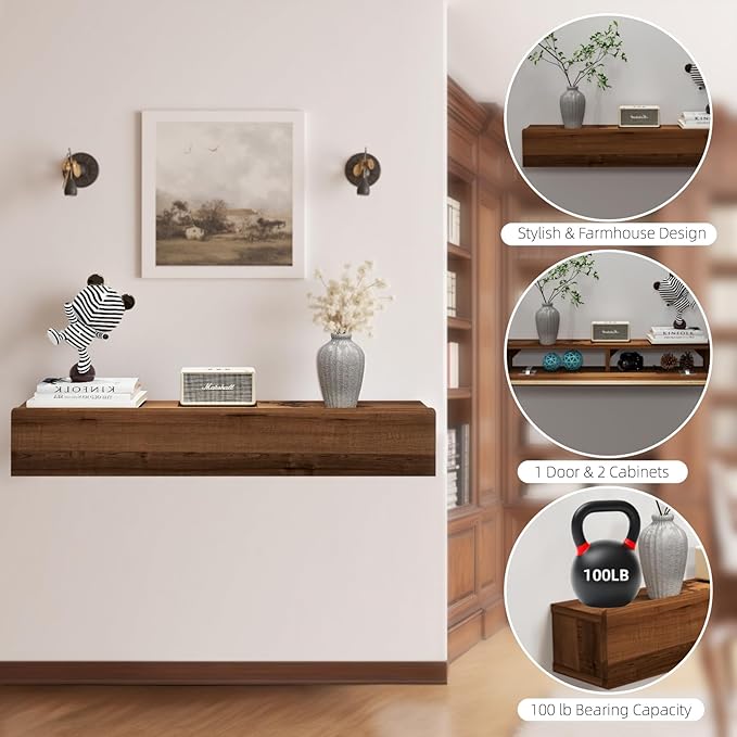 Floating Solid Wood Console Table, 39'' Wall Mounted Narrow Entryway Table with Storage Shelf, Modern Couch Shelves Small Entry Way Tables for Entryway, Front Hall, Hallway (Walnut, 39.37IN)