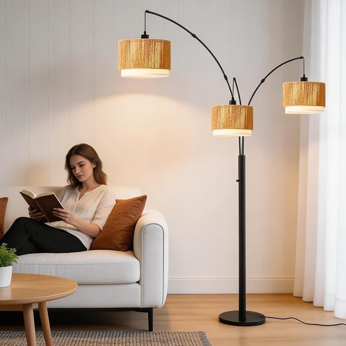 Boho Arc Floor Lamp for Living Room, Rattan Floor Lamp with Stepless Dimmable Switch, Farmhouse Standing Lamp with Wicker&Fabric Shade, Industrial Black Tall Lamp for Bedroom Over Couch Corner
