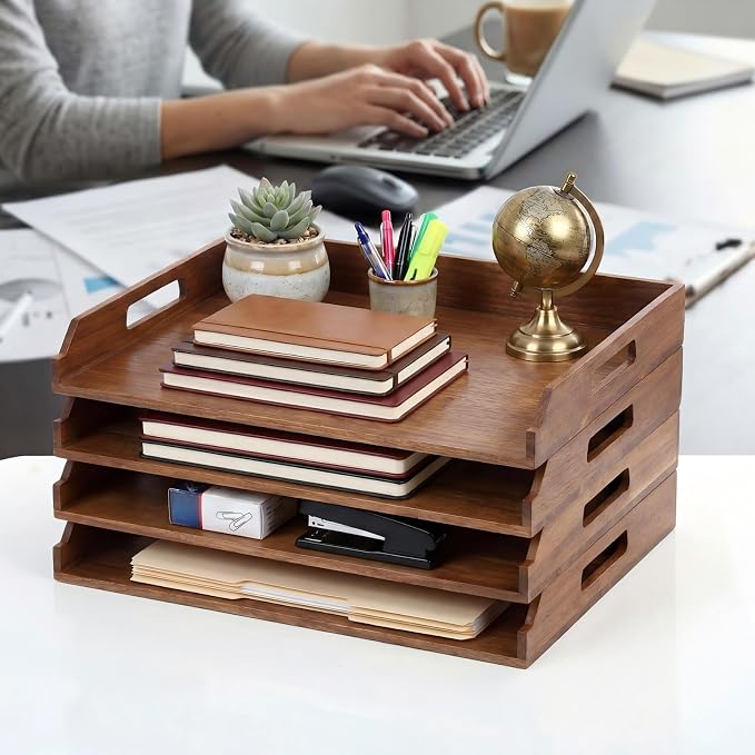 AceOrbit 4 Pcs Stackable Paper Tray Acacia Wood Desk Organizer Letter Tray 4 Tier Wooden File Organizer Desk Shelf for Documents, Letter Sorter, Envelopes and Magazine Holder