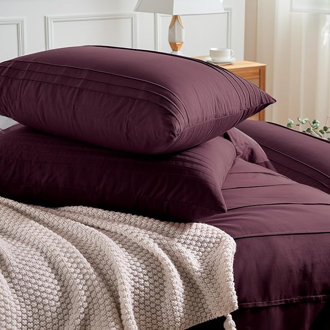 NEXHOME PRO 100% Washed Cotton Duvet Cover Twin, Linen Like Pleated Textured Burgundy Bedding Set, 2pc Organic Bedding Set with Zipper Closure, Soft, Breathable (68"x90", No Comforter)