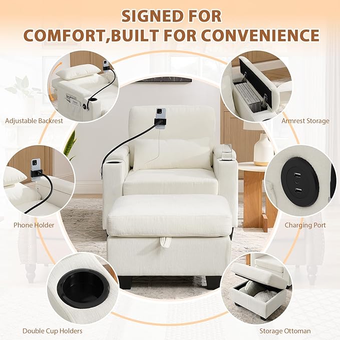 Oversized Chaise Lounge Chair Indoor, Single Convertible Recliner Reading Arm Sofa Chair W/Adjustable Backrest & Charging Port Couch Bed for Living Room, Home Theater & Bedroom, Beige