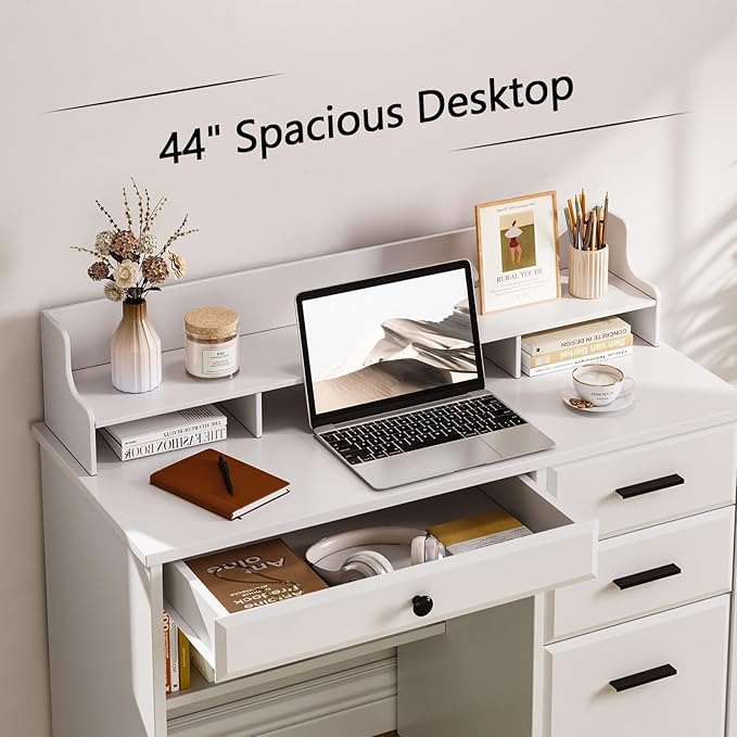 4 EVER WINNER White Desk with Drawers, 44 Inch Small Computer Desk with File Drawer and Monitor Stand, Wood Desk with Storage Shelf for Small Spaces, Living Room, Bedroom, White