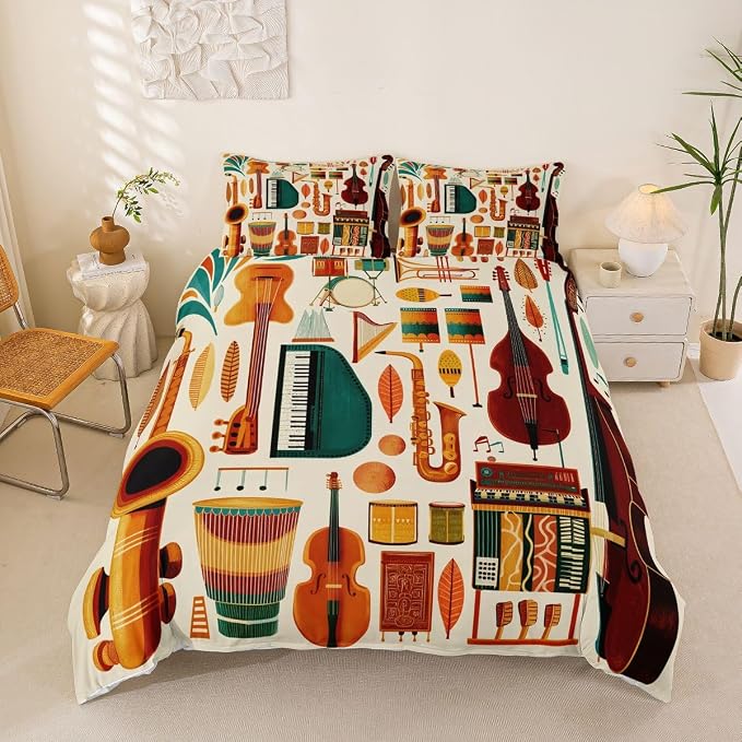 Erosebridal Retro Music Comforter Cover King for Kids Adults - Vintage Music Bedding Set Mid Century Musical Instruments Duvet Cover,Trendy Boho Jazz Instrument Bed Set