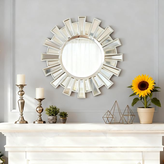 Round Sunburst Decor Mirror - 24" Silver Wall Art Mirror with Metal Frame, Starburst Wall Decorative for Entryway, Bedroom, Fireplace, Living Room