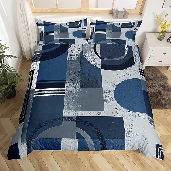 Abstract Striped Circle Duvet Cover Set Toddler Size,Aesthetic Retro Artwork Bedding Set,Boys Girls Room Decor,Geometric Graffiti Squares Comforter Cover,Navy Blue Quilt Cover,1 Pillowcase(No Filler)