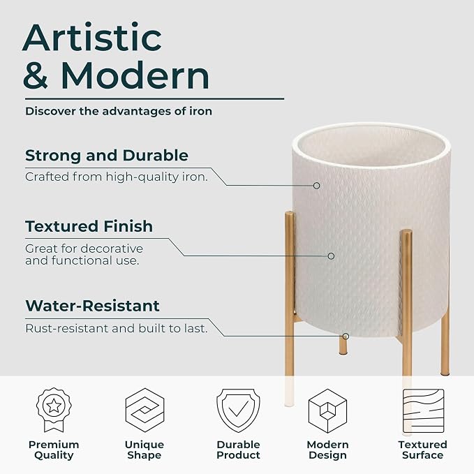 Decorative Flower Pots with Metal Stand for Home Decor - Modern Planters for Hallway, Entryway, and Living Room Decor - Indoor and Outdoor Pots for Plants - Set of 2, 23", 19", White & Gold