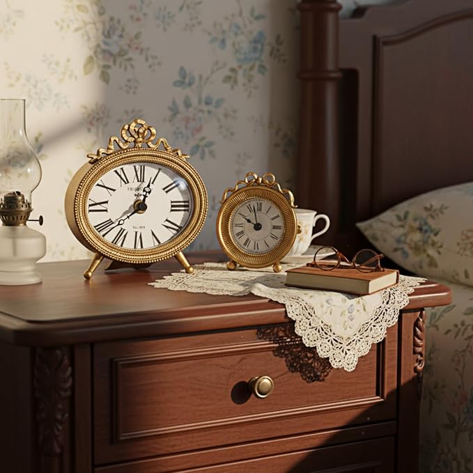 Liliaafar 2 Pack Vintage Gold Brass Table Clock, Silent Shelf Desk Top Small Clock Battery Operated Classic Home Decor for Living Room, Bedroom, Bedside, Office, Gift for Women,Mom