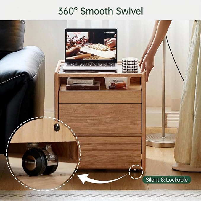 YESWOOD Solid Oak Nightstand with Hidden Drawers, Natural Wood Night Stand with Wheels, Rolling Bedside Table with Glass Tabletop and Open Shelf, Modern Nightstand for Bedroom, Living Room(25.59" H)