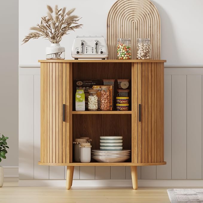 31.5" Fluted Sideboard Buffet Cabinet with Tambour Storage Oval Curved Accent Console Table for Dining Room Kitchen Living Room (Natural)