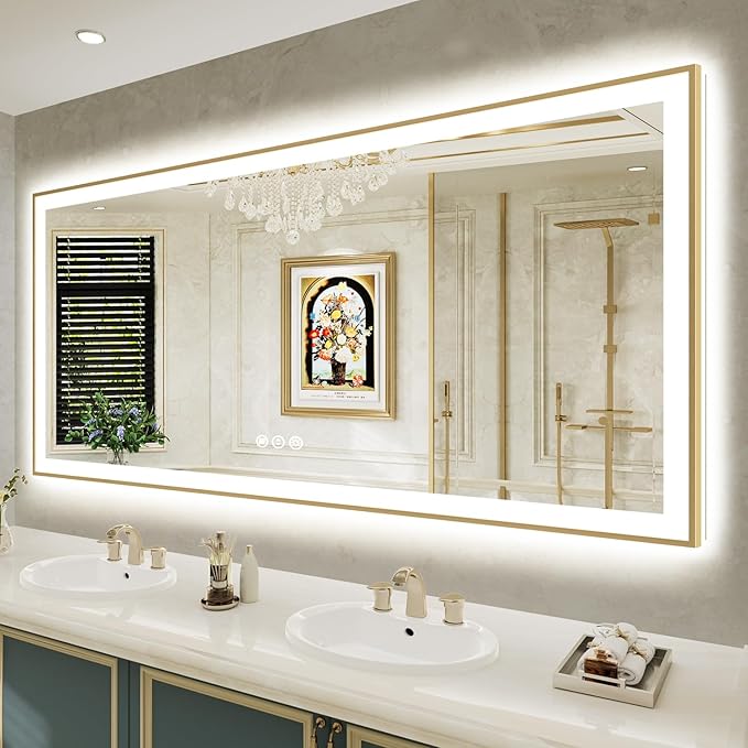 77x36 Inch LED Bathroom Mirror with Lights (Front Lit and Backlit) Gold Framed Lighted Vanity Mirror for Bathroom Wall Dimmable Anti-Fog Memory Tempered Glass Horizontal/Vertical