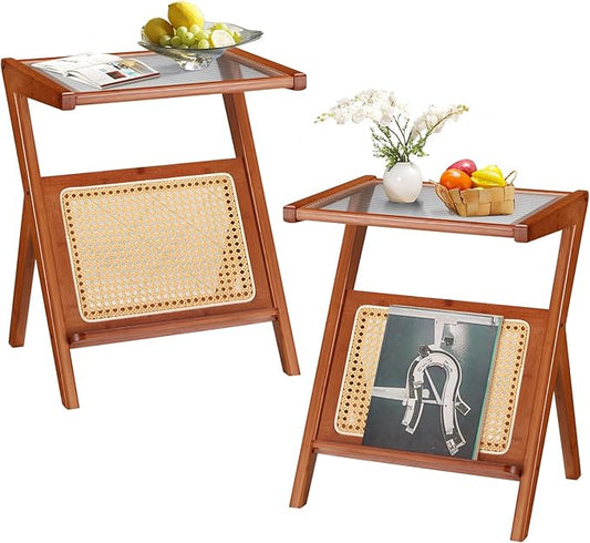 Rattan Side Table Set of 2, Rattan End Table Z-Shaped Boho Nightstand with Glass-top, Accent and Coffee Table for Bedroom Living Room Small Space