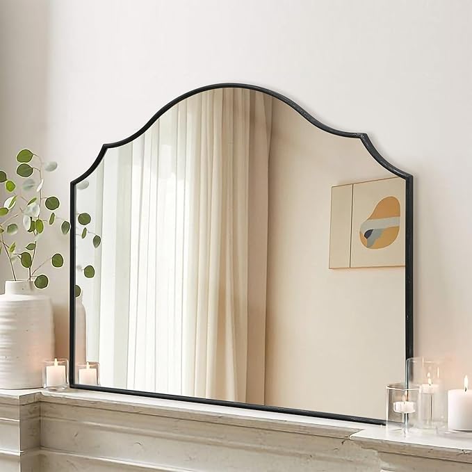Besdomus Scalloped Arched Mirror for Mantel: 35"x26" Black Modern Wooden Wall Mirror - Minimalist Decorative Dresser for Vanity/Bathroom/Bedroom/Fireplace/Living Room/Entryway - Stylish Home Decor