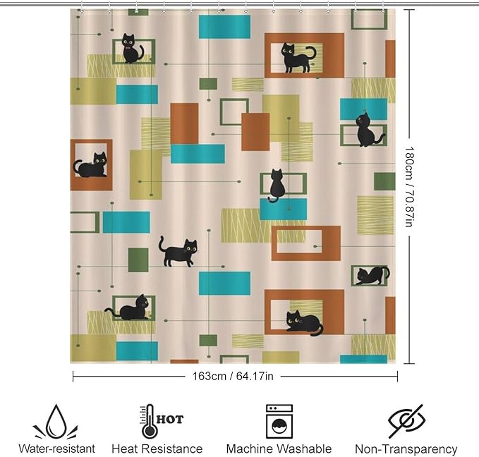 Mid Century Black Cat Shower Curtain,Vintage Abstract 60s Geometric Pattern Modern Decor Bathroom Curtain Polyester Waterproof Fabric 66x72in（168x183cm）