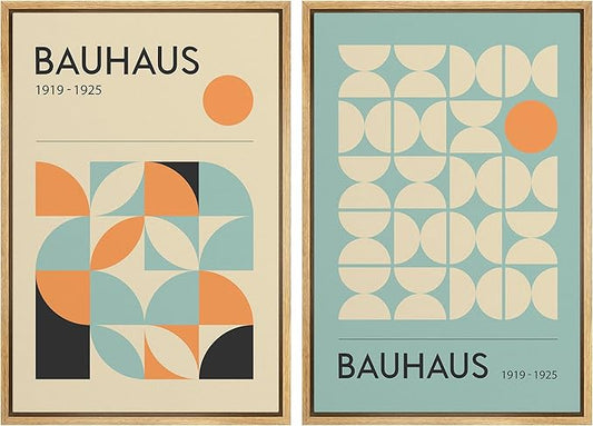 IDEA4WALL Framed Canvas Print Wall Art Set Bauhaus Geometric Blue Orange Polygon Collage Abstract Shapes Illustrations Modern Art Decorative for Living Room, Bedroom, Office - 16"x24"x2 Natural