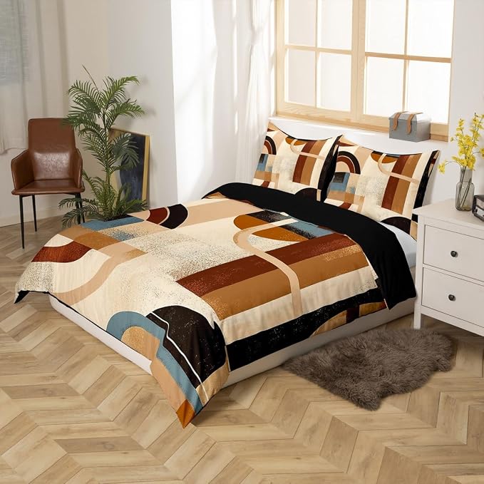 Geometric Striped Circle Duvet Cover Set Twin Size,Abstract Graffiti Retro Art Bedding Set,Boys Girls Room Decor,Minimalist Aesthetic Chic Comforter Cover,Brown Quilt Cover,1 Pillowcase(No Filler)