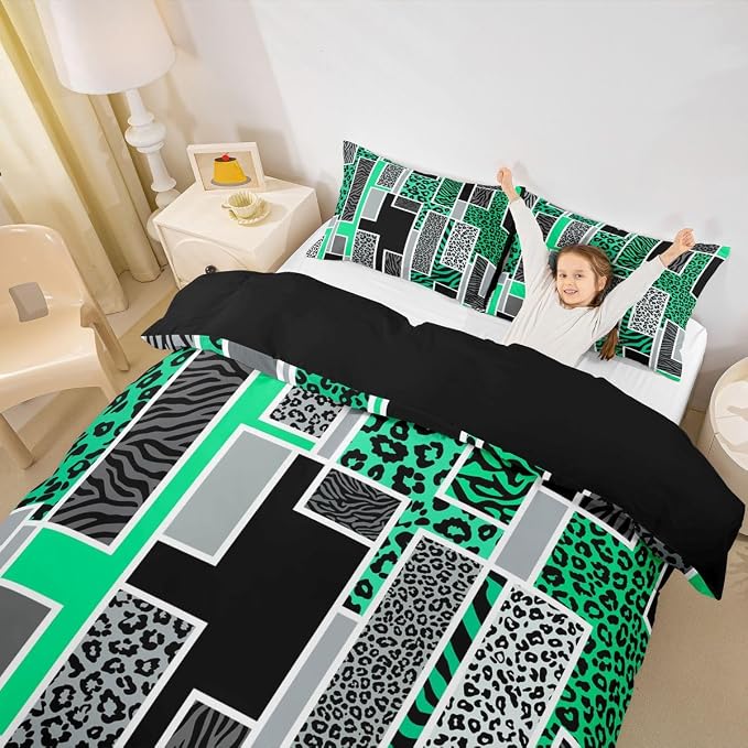 Erosebridal Leopard Print Comforter Cover King Zebra Skin Texture Bedding Set Wild Animal Cheetah Print Duvet Cover for Kids Teen Adults,Green Black Grey Geometric Bed Set