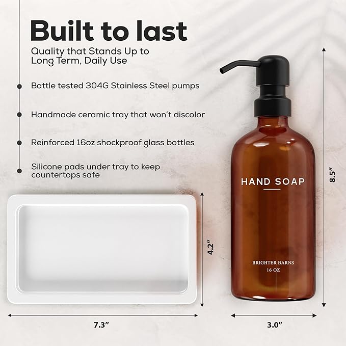 Amber Glass Soap and Lotion Dispenser Set with Tray by Brighter Barns - Hand Soap Dispenser Bathroom Set & Stainless Steel Pump for Home, Restaurant, Spa - Neutral Bathroom Decor & Accessories (Amber)