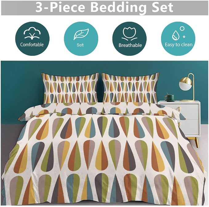 Mid Century Bedding Set,Modern Colorful bstract Geometric Drop Shapes Retro 1950s 1960s Geometry Pattern Comforter Set with Pillowcase for Bedroom Bed Decor,Queen 90"x90"