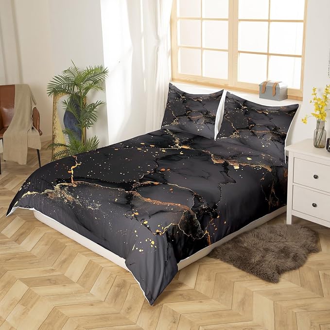 Erosebridal Black Marbling Bed Set Gold Metallic Sequin Duvet Cover, Dark Grey Marble Bedding Set Twin Abstract Aesthetic Artwork Comforter Cover, Modern Fashion Bed Cover Luxurious Room Decor