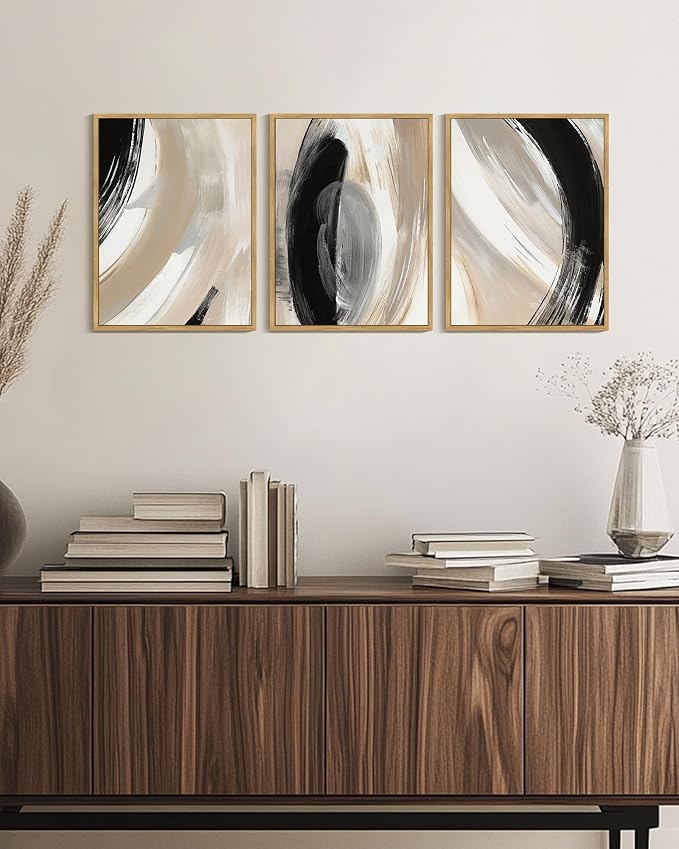 KUVIOKE Black Abstract Framed Wall Art Neutral Minimalist Graffiti Pastel Wall Decor Modern Illustration Art Painting for Bedroom Dining Room 12x16in (Natural Framed)