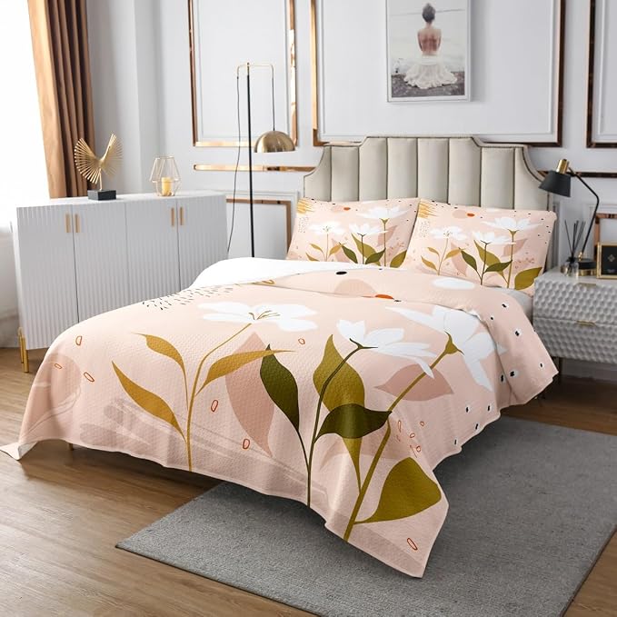 Erosebridal Boho Minimalist Bedspread King Size Hippie Abstract Art Quilt Set, Botanical Plants Coverlet Set White Flower Floral Bedding Set Modern Mid Century Bed Cover Girly Pink Room Decor