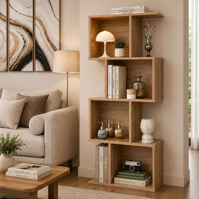 Bookcase, Bookshelf, Freestanding Display Storage Shelves Open Bookcase for Bedroom, Small Bookshelf for Living Room and Office (Natural, S-Shaped)