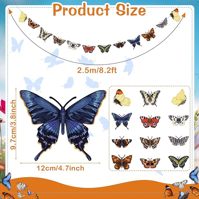 8.2 ft Butterfly Garland Party Decorations Wood Hanging Butterfly Decor Banner Spring Ornaments Animals Garland Crafts Rustic Vintage Retro Banner for Birthday Party Nursery Room Home Decor
