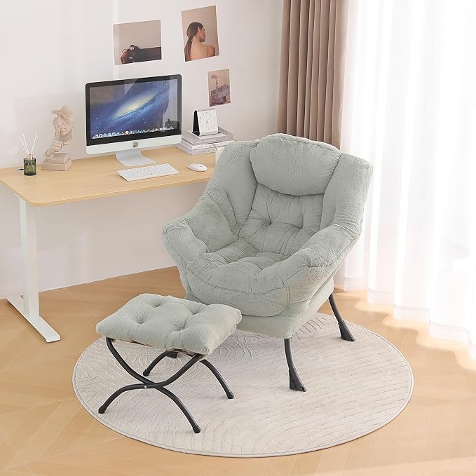 Tiita Lazy Chair with Ottoman, Green Modern Large Accent Chair, Comfy Leisure Sofa Armchair with Ottoman, Reading Chair with Footrest for Bedroom, Living Room, Dorm Rooms, Plush Green