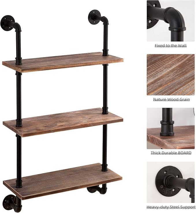 ROGMARS 3-Tier Real Pine Wood Floating Shelf, 20x7.87x41.3in, Industrial Retro Style, Bathroom Wall Shelves, Kitchen Shelves