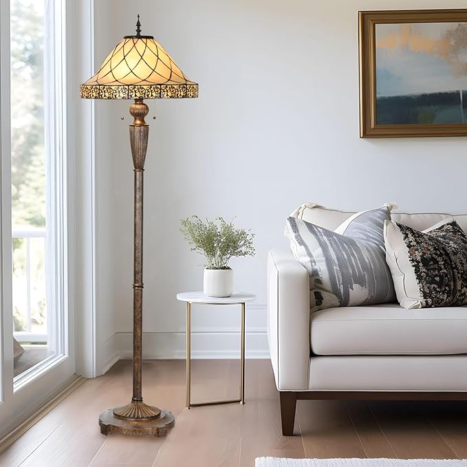 FL0002 Tiffany Floor Lamp Stained Glass Lampshade Beige-Like Color with Geometric Pattern, Warm Glow & Elegant Design, Antique Finished Lampbase, W 18 X H 62.5 Inches, LED Bulbs Included