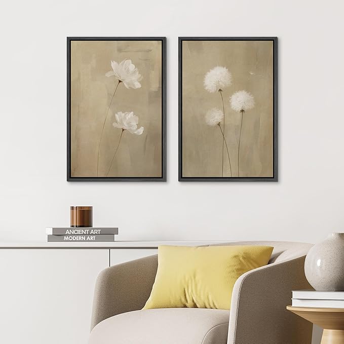 IDEA4WALL Framed Canvas Print Wall Art Set Neutral Floral with White Flowers and Dandelions Illustrations Modern Art Decorative Bohemian Calm/Zen for Living Room, Bedroom, Office - 24"x36"x2 Black