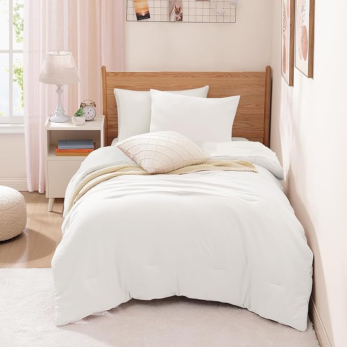 WRENSONGE Twin Comforter Set- 5 Pieces White Twin Bed in a Bag, All Season Twin XL Bedding Sets with 1 Fitted Sheet, 1 Flat Sheet, 1 Pillow Sham and 1 Pillowcase