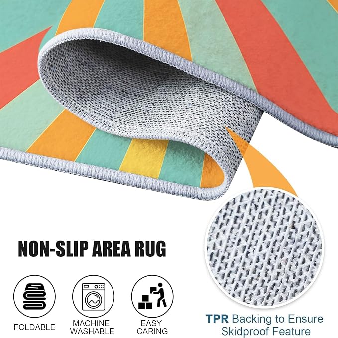 3x5 Washable Area Rug, Colorful Retro Sunburst Stripes Design Non Slip Non-Shedding Rug Easy Care for Living Room Bedroom Kitchen Office Carpet