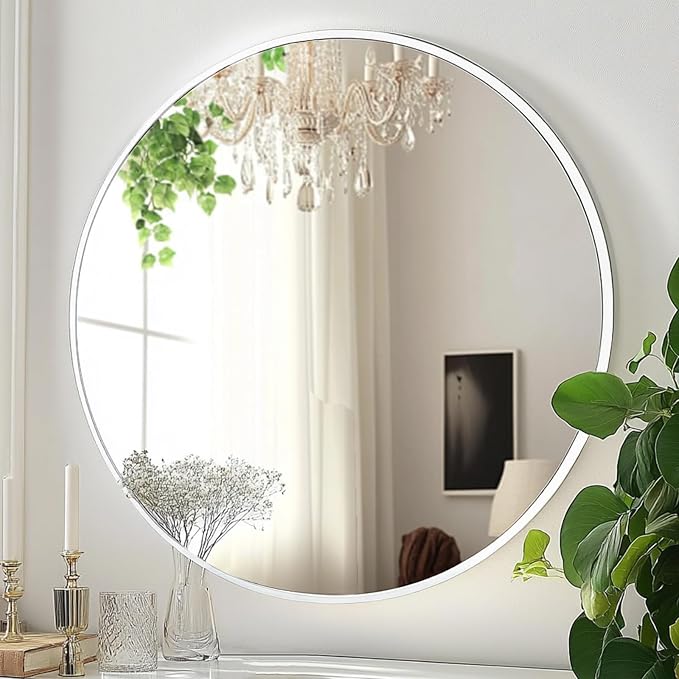 White Round Wall Mirror, White Circle Mirror 20 inch, Round Bathroom Mirrors, Circle Wall Mirrors for Bathroom, Living Room, Hallway, Vanity, Over Sink, Mantel