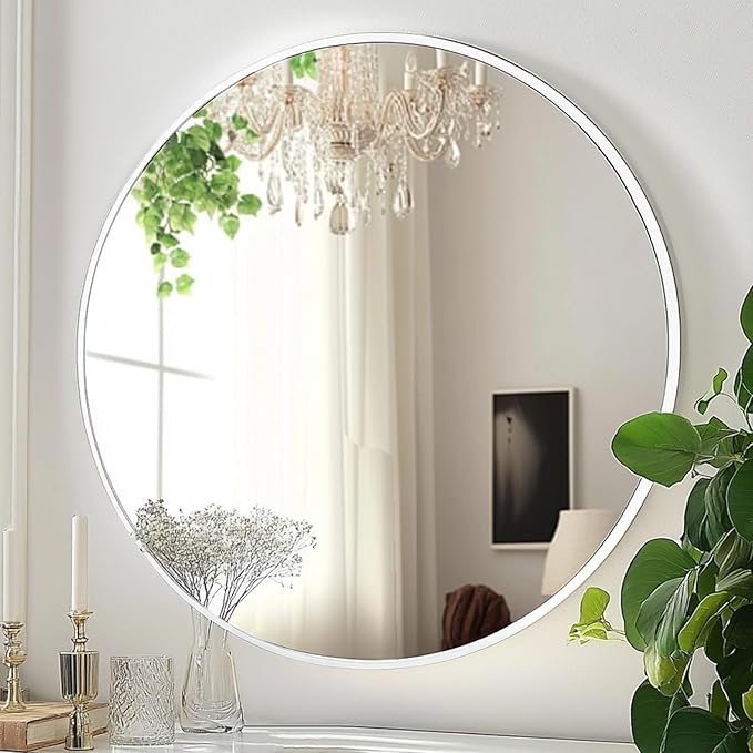 White Round Mirror, White Circle Mirror 24 inch, Round Bathroom Mirrors, Circle Wall Mirrors for Bathroom, Living Room, Hallway, Vanity, Over Sink, Mantel