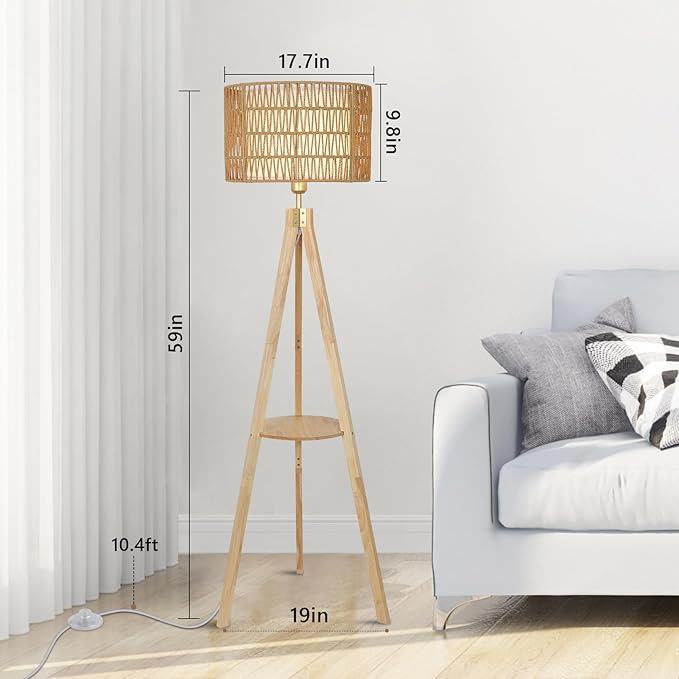 Oak Wood Tripod Floor Lamps for Living Room, Boho Floor Lamp with Shelves, Mid Century Rattan Standing Lamp with Fabric Shade, ON/Off Switch, Farmhouse Tall Floor Lamps for Bedroom Office