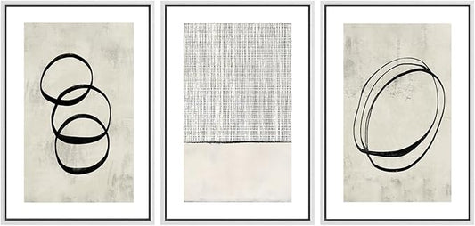 SIGNWIN Framed Canvas Print Wall Art Set Geometric Ring Grid Landscape Graffiti & Street Art Abstract Cozy Neutral Modern Art Decorative Nordic for Living Room, Bedroom, Office - 16"x24"x3 White