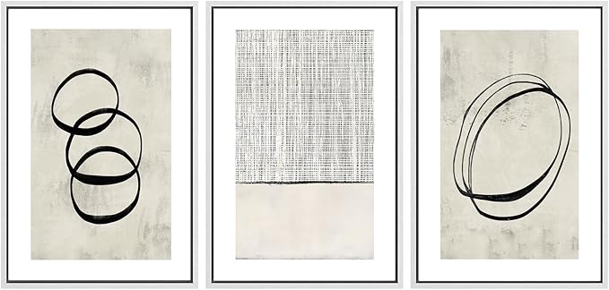 SIGNWIN Framed Canvas Print Wall Art Set Geometric Ring Grid Landscape Graffiti & Street Art Abstract Cozy Neutral Modern Art Decorative Nordic for Living Room, Bedroom, Office - 24"x36"x3 White