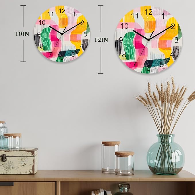 Impressionist Style Wall Clock Battery Operated Non-Ticking 10" Round Wood Clocks, Abstract Colorful Line Color Block Kitchen Wall Clock for School Bathroom Living Room Home Office Wall Decor