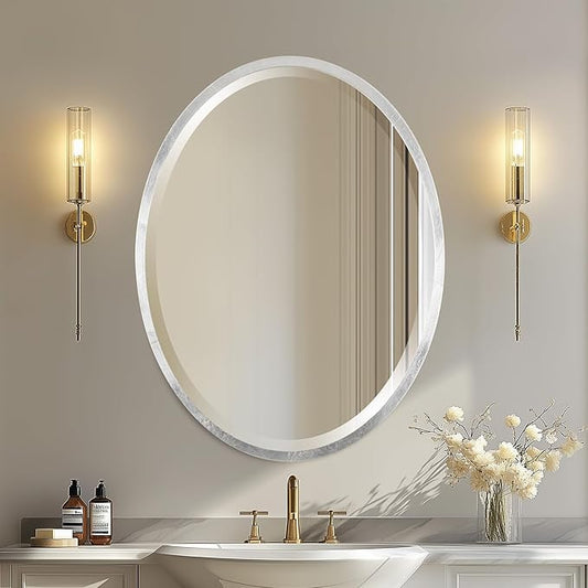 OVALCREST - Oval Wooden Beveled Wall Mirror for Home Decor, Bathroom, Vanity, Bedroom, Living Room, Hallway - London Style (Silver Leaf with Brown Antique) 17.1 x 13.1