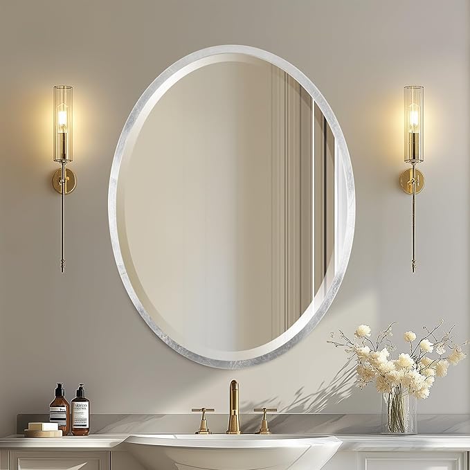 OVALCREST - Oval Wooden Beveled Wall Mirror for Home Decor, Bathroom, Vanity, Bedroom, Living Room, Hallway - London Style (Silver Leaf with Brown Antique) 29.1 x 23.1