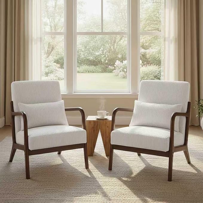 Set of 2 Mid Century Modern Accent Chair with Solid Rubberwood Frame, Comfy Corduroy Reading Armchair with Lumbar Pillow, Compact Lounge Chair for Bedroom, Living Room & Small Spaces