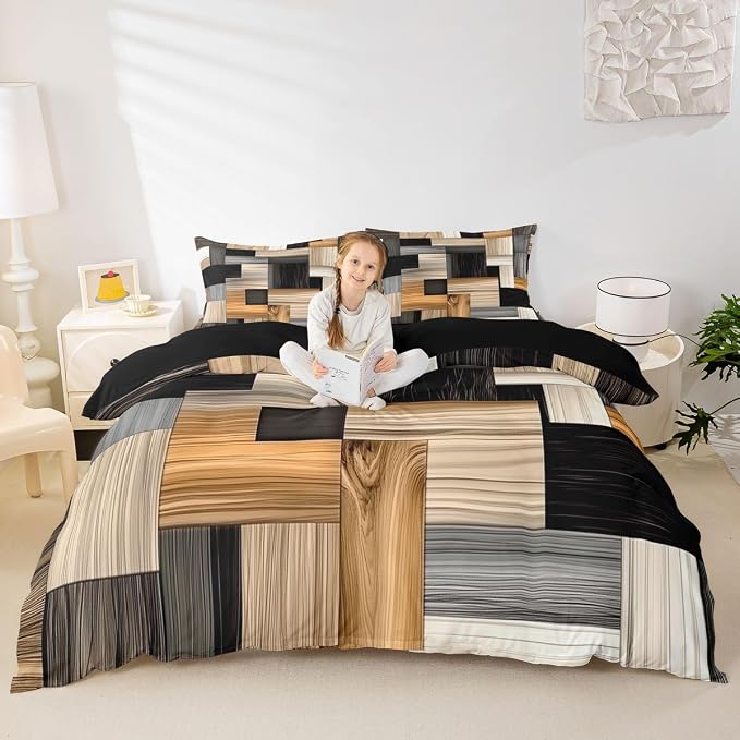 Erosebridal Wood Grain Comforter Cover Full Splicing Plaid Grid Duvet Cover for Kids Teens Stylish Tartan Geometric Bedding Set Modern Orange Grey White Checkered Bed Set with Zipper