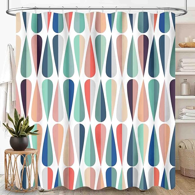 Mid Century Shower Curtain, Modern Abstract Geometric Pattern Vintage Retro 1950s 1960s Geo Pattern Art Pastel Waterproof Fabric Bathroom Shower Curtain Set with Hooks, 72"x72" Inch