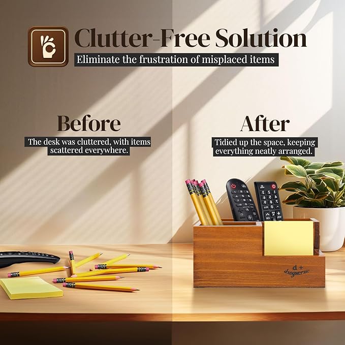 Flexzion Rustic Wooden Pencil Holder for Office - 3 Slots - Desk and Table Storage Organizer - Multifunctional Remote Control Holder for Home, School and Office