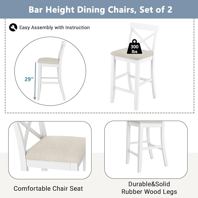 VilroCaz Farmhouse 3-Piece Counter Height Wood Kitchen Dining Sets, Home Bar Pub Kitchen Breakfast Set, 48'' Long Bar Table with 2 Upholstery Chairs for Small Places (Cherry+White)