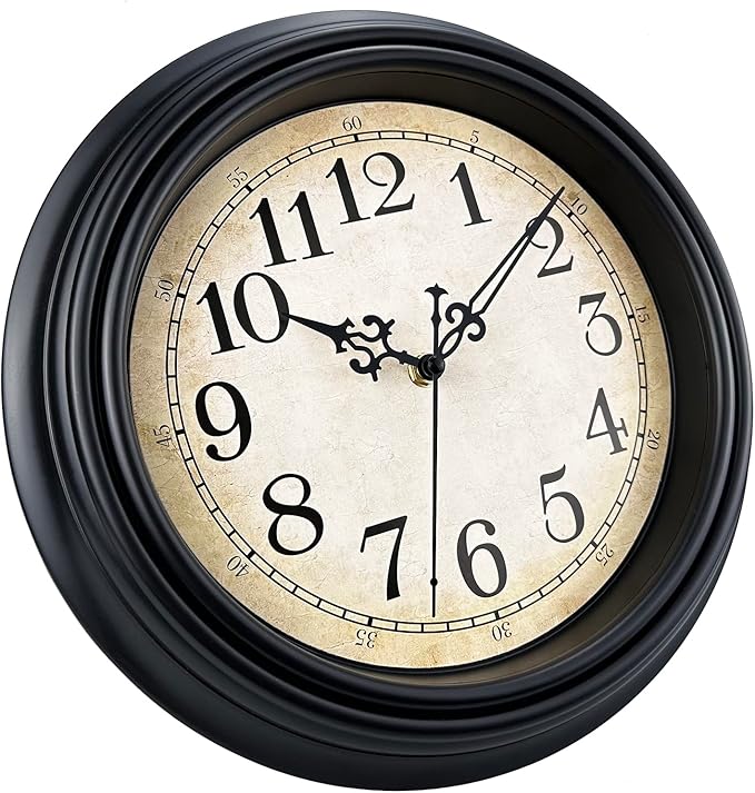 Plumeet Extra Large Retro Wall Clock, 16'' Non Ticking Classic Silent Vintage Wall Clocks Decorative Kitchen Living Room Bedroom - Battery Operated, Black