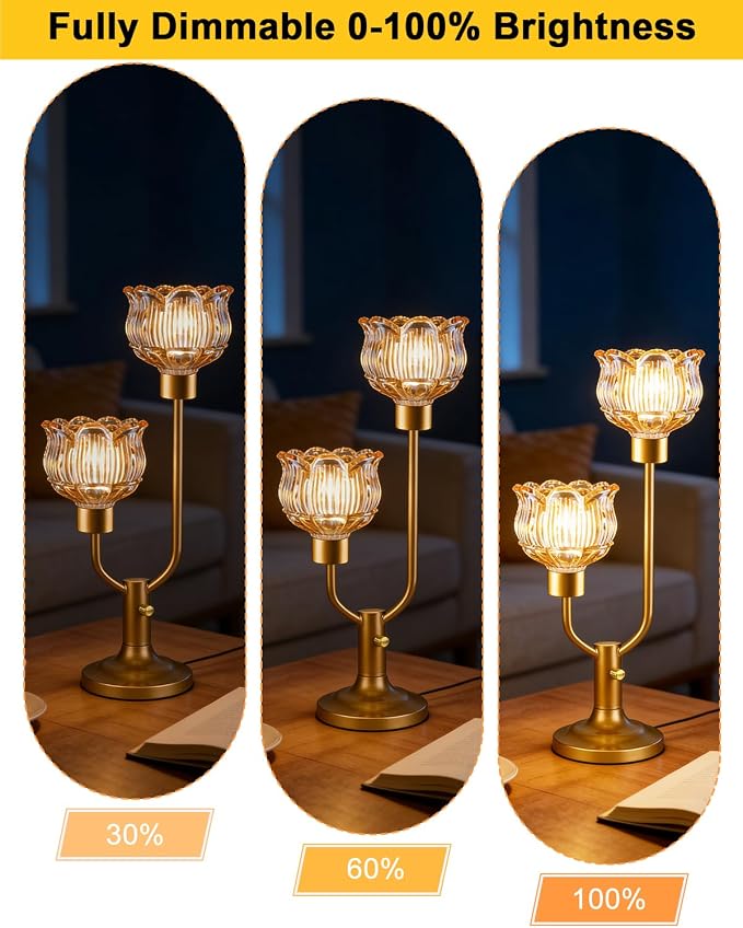 Lightdot Gold Table Lamp for Living Room Dimmable Mid Century Modern Flower Desk Lamp Amber Glass Vintage Nightstand Lamp 2 Bulbs Included Warmwhite Ambient Bedside Lamps for Bedroom Home Office Decor