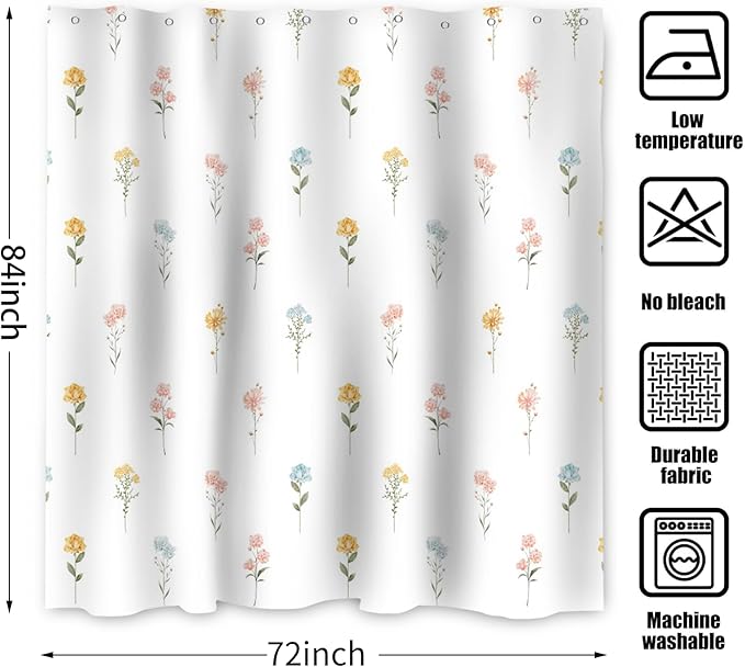 Floral Extra Long Shower Curtain, Wildflower Botanical Plant Leaves Cute Flower Spring Herbs Elegant Waterproof Fabric Machine Washable for Bathroom Bathtub Decor with Hooks 72Wx84H